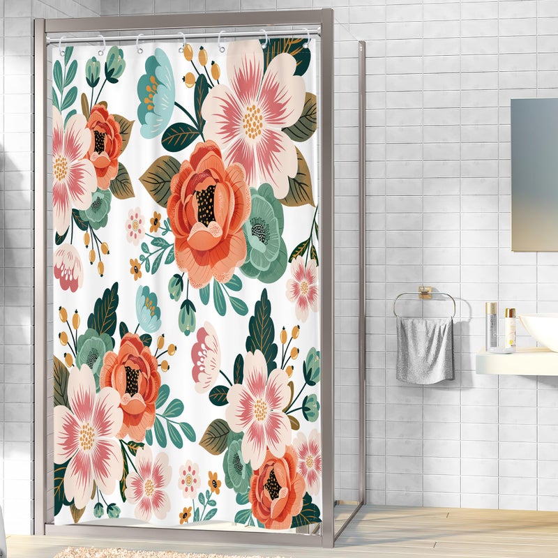 Riyidecor Small Stall Shower Curtain 36Wx72H Inch Half Narrow RV Spring Floral Flower Bathtub Decor Walkin Leaves Green Bathroom Decor Fabric Panel Polyester Waterproof 7 Pack Plastic Hooks - Image 2